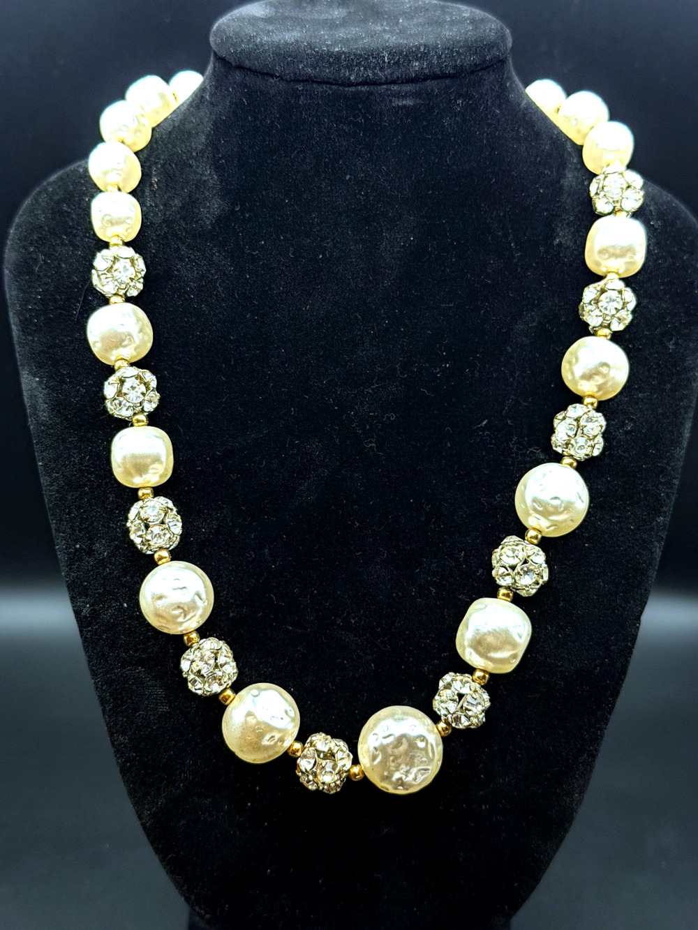 Vintage Faux Baroque Pearl & Rhinestone Cluster Necklace (1940s–1950s) 18"